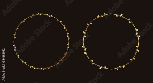 Round vine frame wedding elegant wreath set. Circle golden frame with botanical design. Vector isolated illustration.