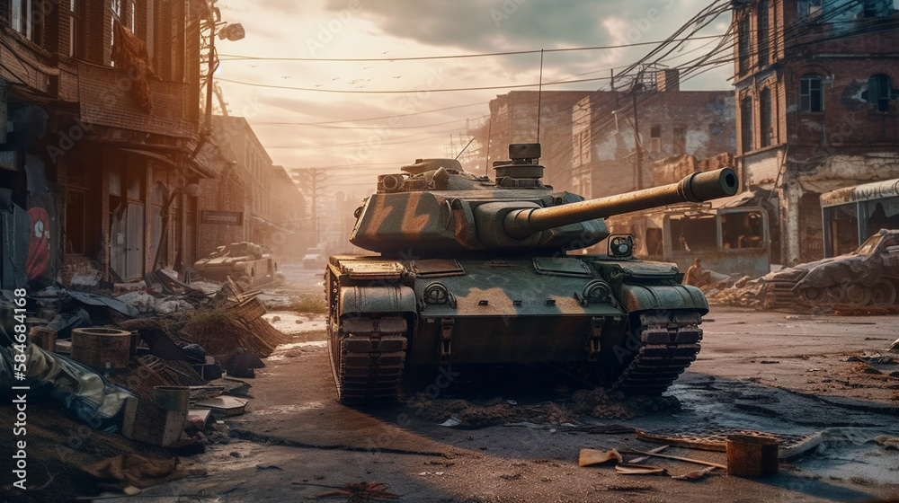 Heavy military tank in the ruins of the city. Generative Ai Heavy military tank in the ruins of the city. Generative Ai