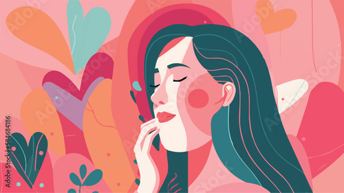 Self-loving woman. Concept of acceptance and confidence. Beautiful, strong attractive lady. Vector art of feminism and self-care. Mental health support. Love and positivity. Healthy mind and body. 