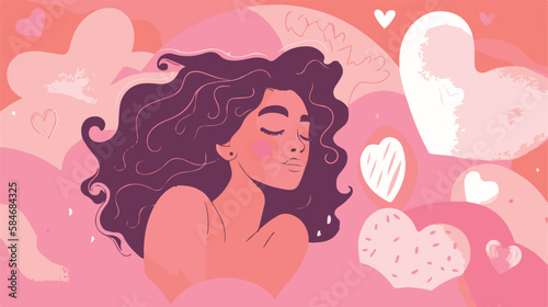 Self-loving woman. Concept of acceptance and confidence. Beautiful, strong attractive lady. Vector art of feminism and self-care. Mental health support. Love and positivity. Healthy mind and body. 
