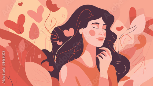 Self-loving woman. Concept of acceptance and confidence. Beautiful, strong attractive lady. Vector art of feminism and self-care. Mental health support. Love and positivity. Healthy mind and body. 