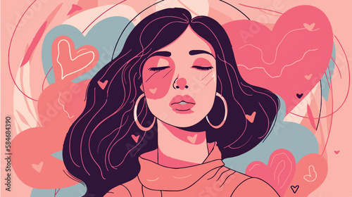 Self-loving woman. Concept of acceptance and confidence. Beautiful, strong attractive lady. Vector art of feminism and self-care. Mental health support. Love and positivity. Healthy mind and body. 