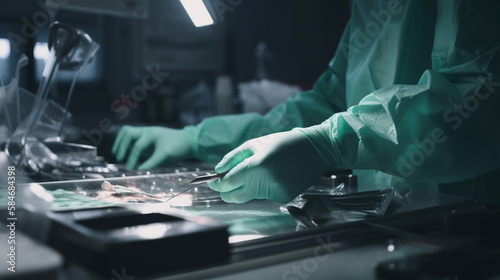 Surgeon hand medical gloves working in operating room. Generative Ai
