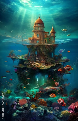 Magnical fantasy castle inside the ocean