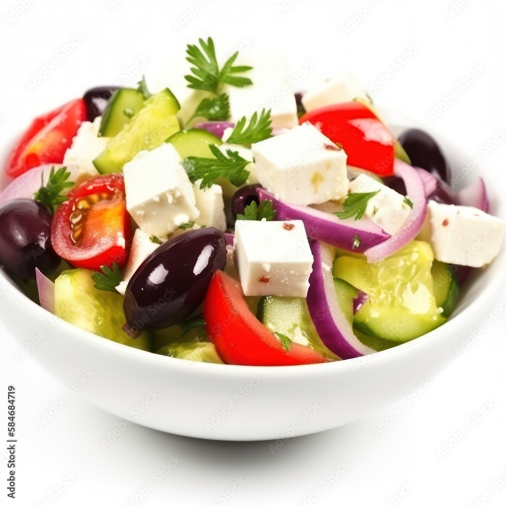 Bowl of salad with tomatoes, cucumbers, and onions. The salad is served in a white bowl Bowl of salad with tomatoes, cucumbers, and onions. The salad is served in a white bowl