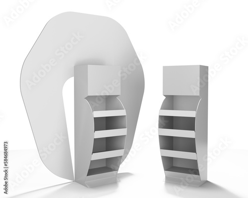 White Supermarket POS Cardboard Floor Display Racks, Blank Empty Advertisement Stand Mock Up, 3D rendering