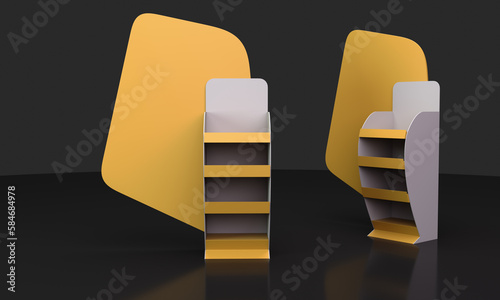 Yellow Supermarket POS Cardboard Floor Display Racks, Blank Empty Advertisement Stand Mock Up, 3D rendering