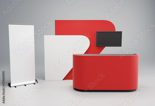 Advertising Booth 3d Mockup, Retail Trade Stand With Red Counter, Advertising POS POI Promotion counter, 3D rendering	