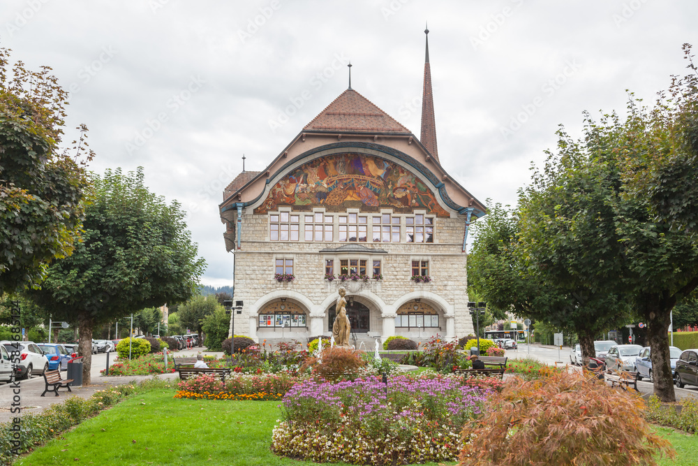 City hall of Le Locle, Switzerland. In front very beautiful garden.