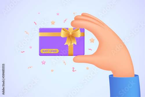 Gift card, certificate, voucher in hand. 3d design concept for landing page. Three dimensional vector illustration for website, banner.