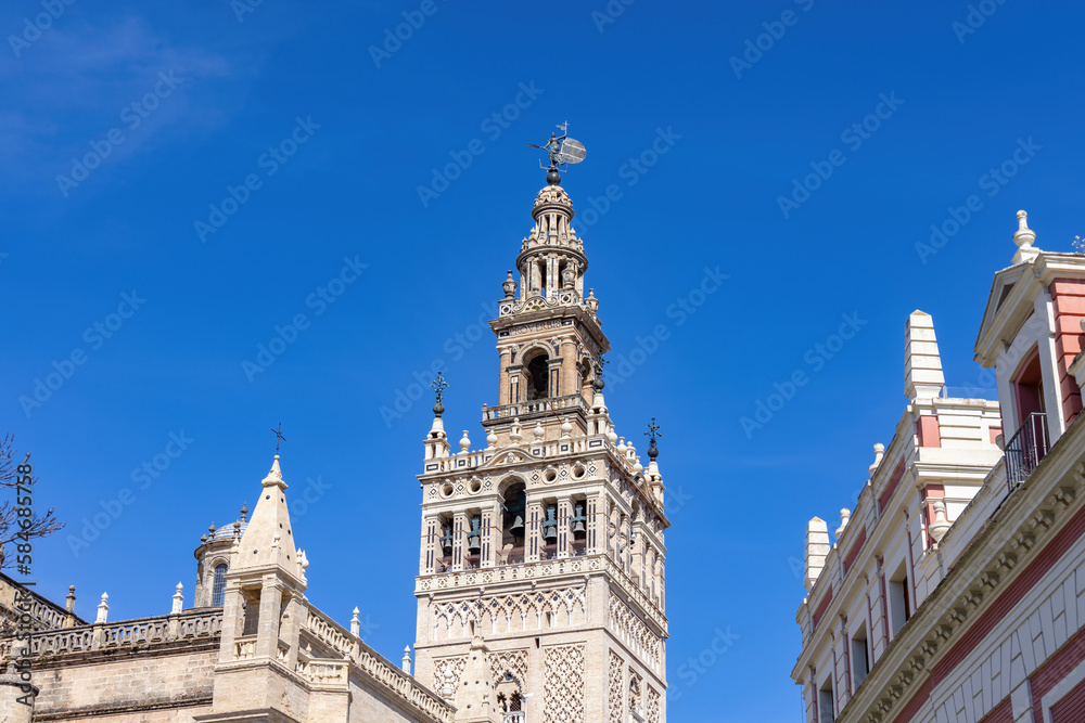 View of tower bell of Seville Cathedral from Santa Cruz neighborhood, in Seville old city center, Andalusia, Spain