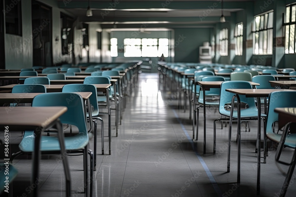 Bangkok, Thailand, 10 11 2022 Roll of chairs in an empty classroom. Generative AI
