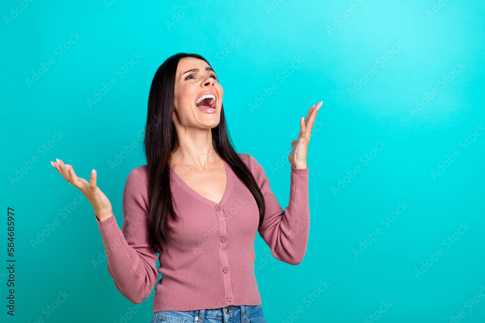 Portrait of angry woman straight hairdo dressed pastel clothes look empty space screaming isolated on shine turquoise color background - obrazy, fototapety, plakaty 