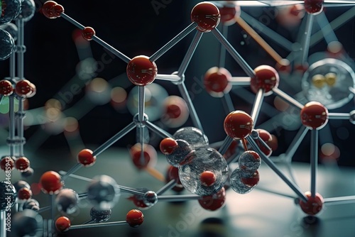 Atom, DNA, and molecular models in a science research lab. Generative AI