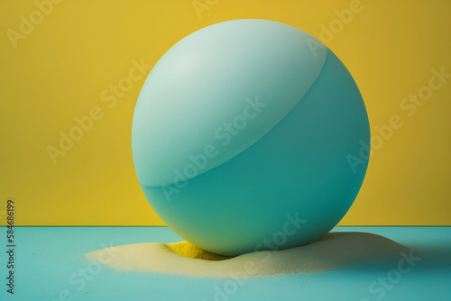 Pallone da volley azzurro con sabbia su sfondo giallo e blu generato dall AI