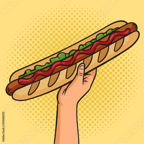 Huge french long baguette loaf hot dog pinup pop art retro vector illustration. Comic book style imitation.