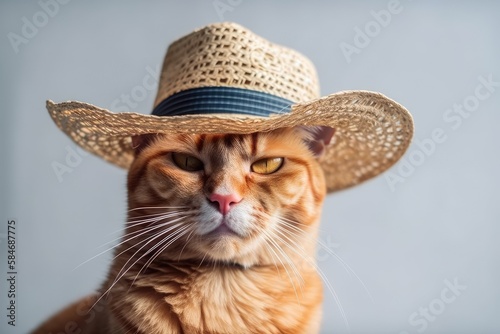 On a white background, a ginger cat wearing sunglasses and a sombrero symbolizes the idea of unwinding. Generative AI