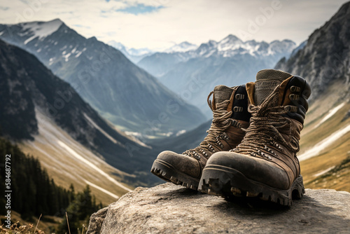 Generative AI of leather trekking boots with mountains in the background.