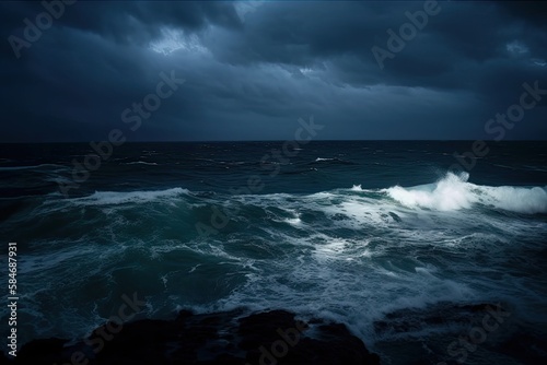 Dark ocean storm at night with lighting and waves. Generative AI © AkuAku