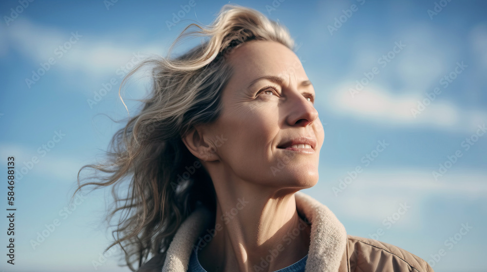 Beautiful mature woman looking for the horizon while relaxing in nature. Generative AI