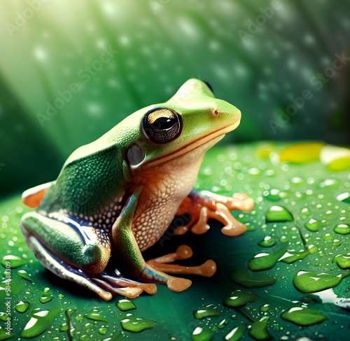 Small amazonas frog sitting on a big green jungle leaf, water drops