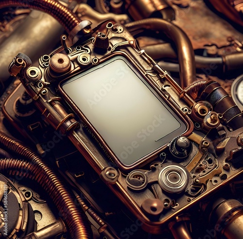 smartphone steampunk style, copper, pipes, cables, knobs