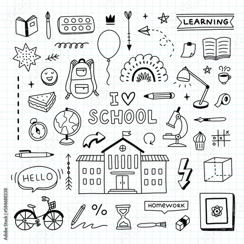 Back to school vector set. School doodle illustrations. Hand drawn school icons