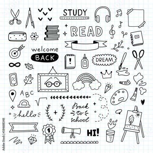 Hand drawn school icons. Cute school doodle set. Vector school illustrations