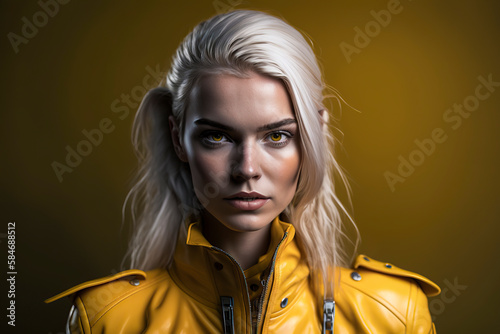 blonde attractive woman in yellow leather jacket