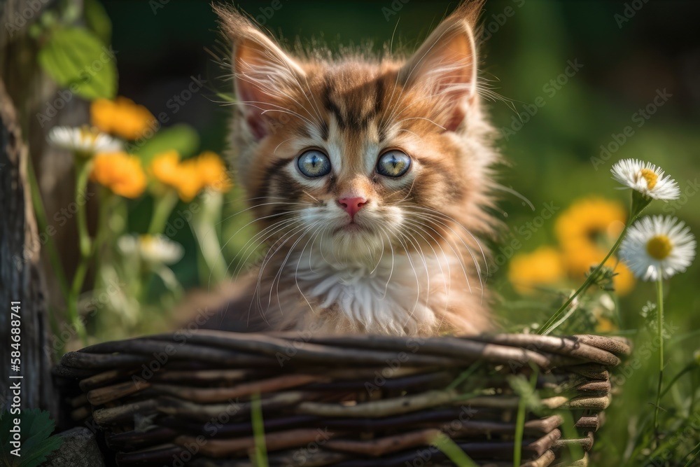 adorably adorable kitten in a basket on the lush lawn. Generative AI
