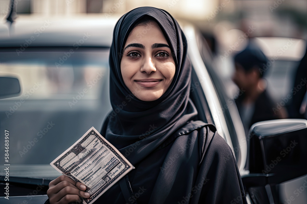 Generative AI Illustration of an Arab woman proudly holding her driver ...