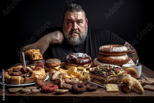 Generative AI Illustration of an obese man in front of a table full of junk food. Concept on the problem of obesity in the population and poor nutrition