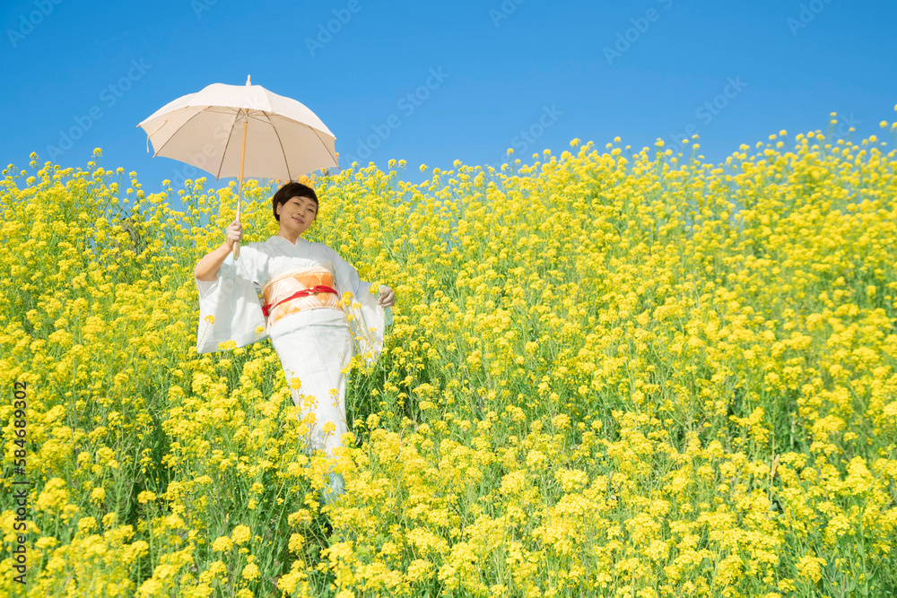 Fototapeta premium Japanese woman in a beautiful yellow flowers field