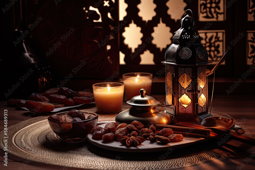 Generative AI Illustration of a plate of dates and Arabic sweets next ...