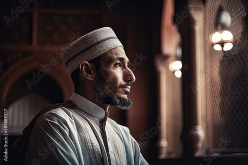 AI Generative Illustration of a man of the Islamic religion looking out the window of a mosque dressed in traditional Islamic clothing