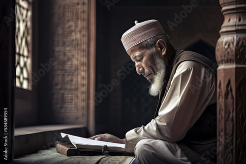 Generative AI Illustration of an imam of the Islamic religion reading the quran inside a mosque