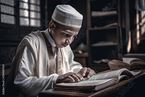 Generative AI Illustration of a boy of the Islamic religion reading the quran inside a koranic school photo