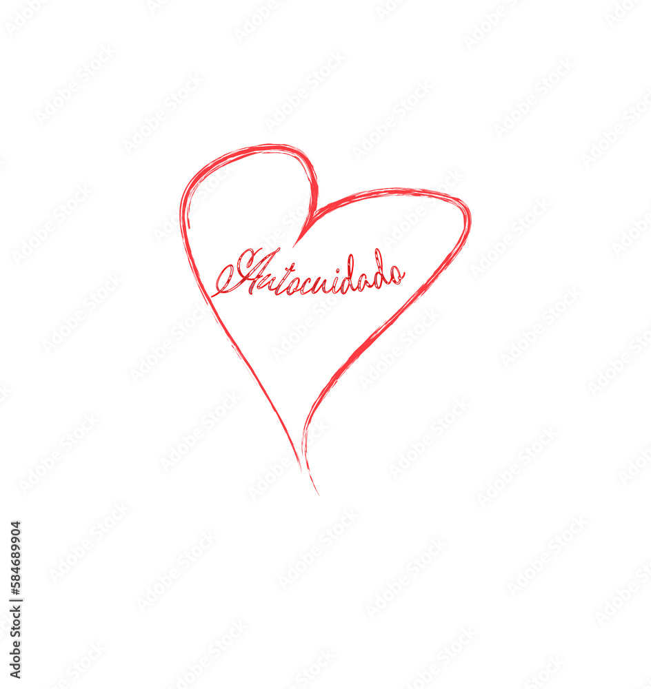 Handwritten heart in red with self care written inside in Spanish. PNG file