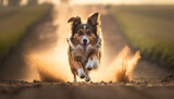 A dog running down a dirt road in a field at sunset, Generative AI