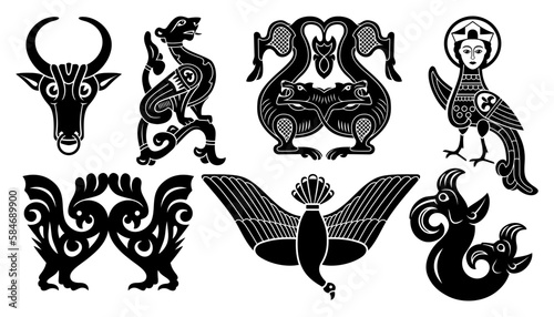 Set of Ancient Slavic Animal Designs. Vector silhouettes isolated on white.