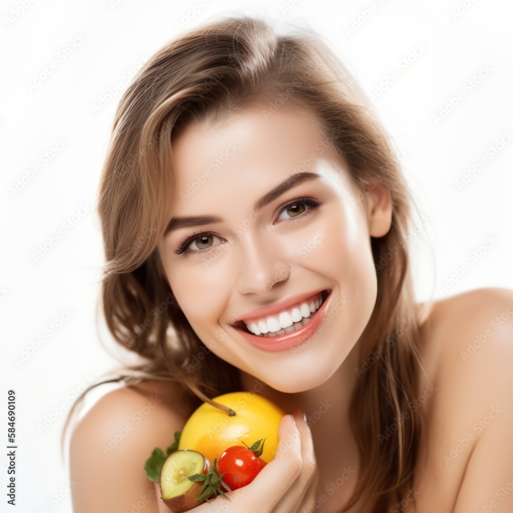 Woman is holding a fruit basket and smiling. The basket contains a variety of fruits, including apples and tomatoes. The woman's smile suggests that she is happy Woman is holding a fruit basket and smiling. The basket contains a variety of fruits, including apples and tomatoes. The woman's smile suggests that she is happy