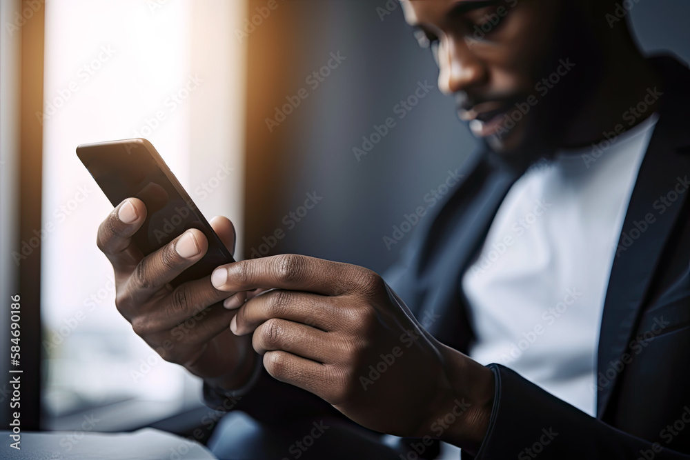 AI Generative Illustration of an unrecognizable man holding in his hands a credit card and a smartphone making a payment through the internet