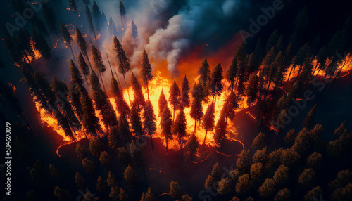 Fire in the forest, Forest fires, Climate change, Global Warming, Generative AI