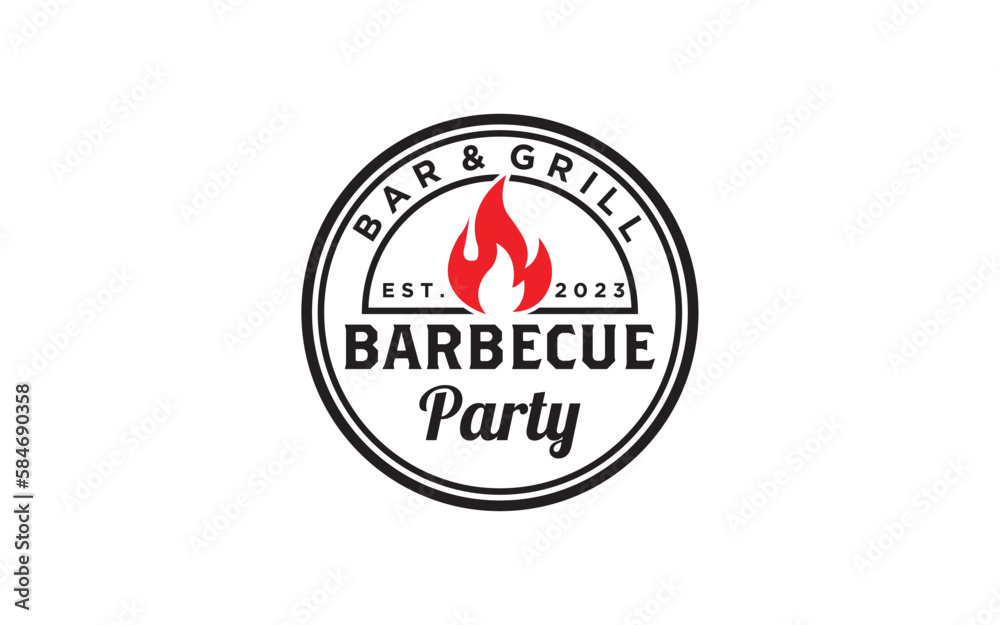 Fire Flame Vintage Retro BBQ Grill, Barbecue, Barbeque Label Stamp Logo design template