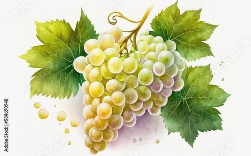 drawn white or green grape on white background watercolor fruit organic food illustrations Generative AI