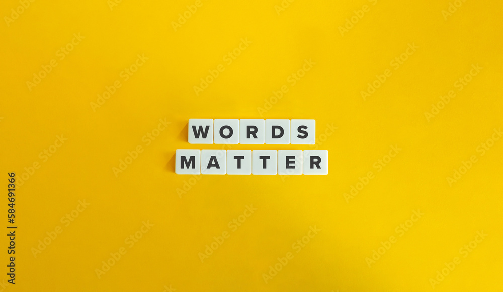 Words Matter Banner. Message on Block Letter Tiles on Yellow Background. Minimal Aesthetics. - obrazy, fototapety, plakaty 