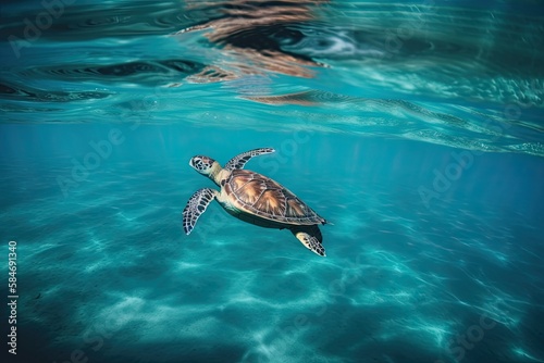 a tiny turtle flying through the ocean. Generative AI © AkuAku