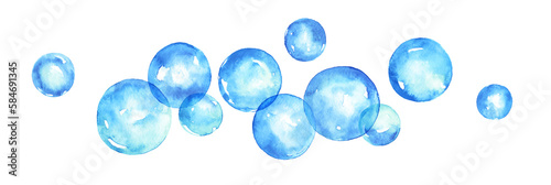 A set of blue watercolor soap bubbles isolated over white
