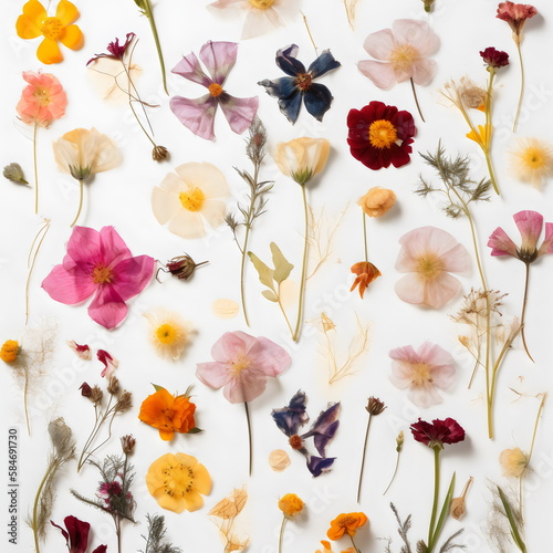 collage of colorful pressed flowers, made with generative ai