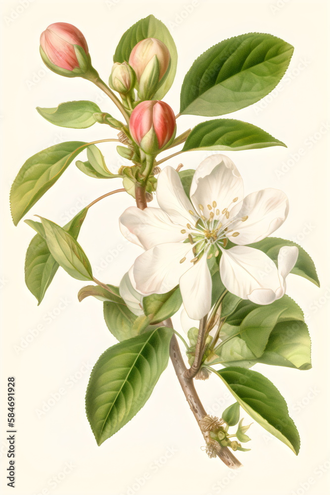 vintage botanical illustration of white blossom and bud, made with generative ai